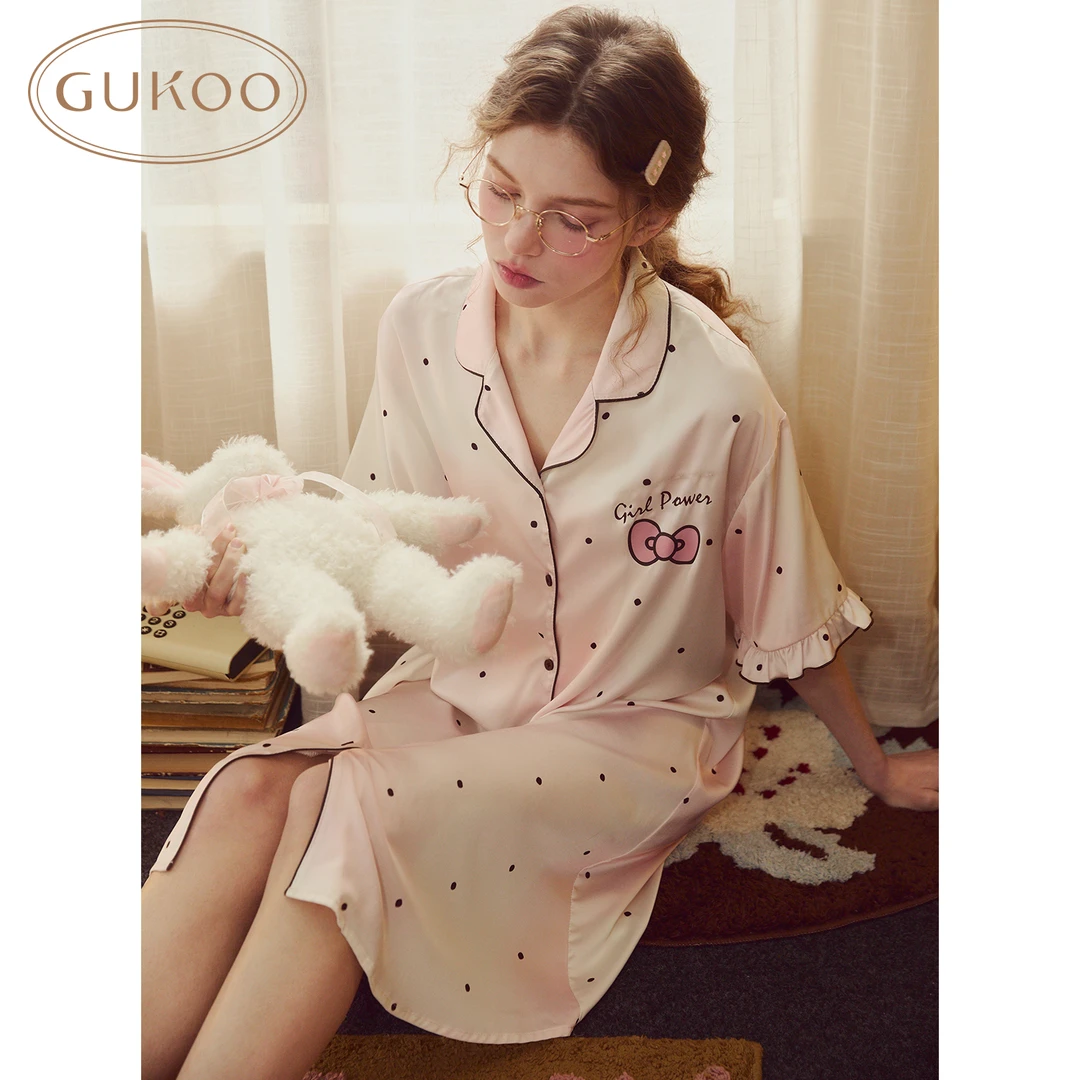 Gukoo/果壳【商场同款】波点蝴蝶结长袖冰丝家居睡裙夏粉色欧若风