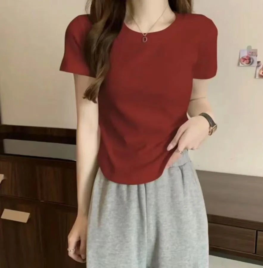 螺纹短袖修身型圆领甜辣遮肚T恤设计感多巴胺穿搭