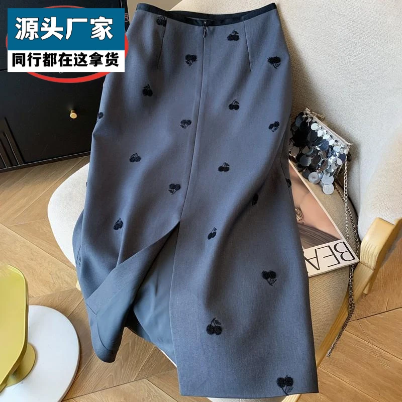 梵乐芬秋季流行灰色西装职业半裙法式复古时尚印花直筒裙中青年简