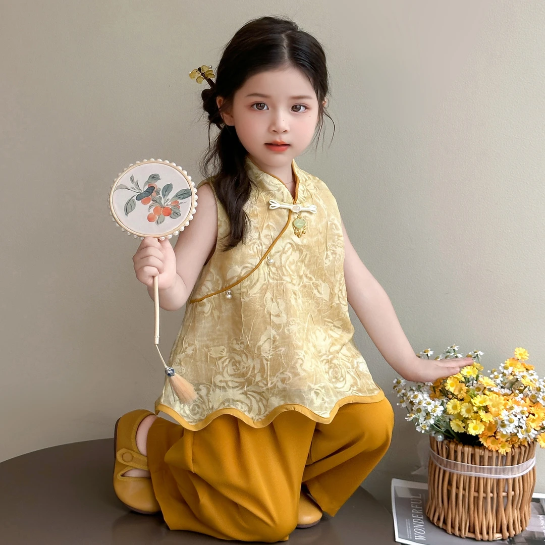 女童套装夏季新款儿童新中式无袖上衣阔腿裤女宝宝国风汉服两件套