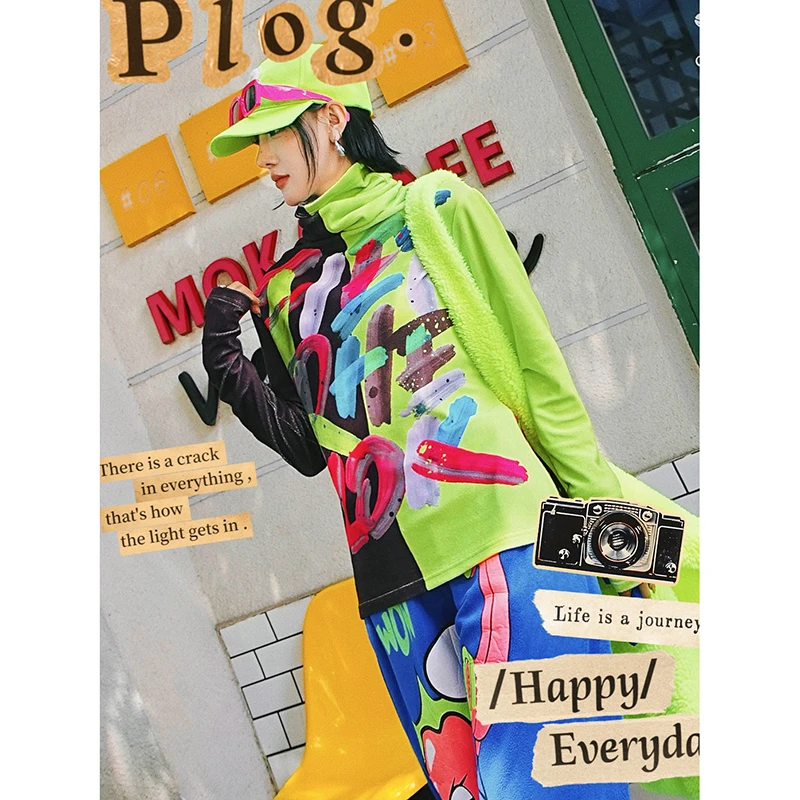 荧光绿彩色字母加绒高领T恤秋冬款涂鸦图案潮牌堆堆领打底衫JYC96