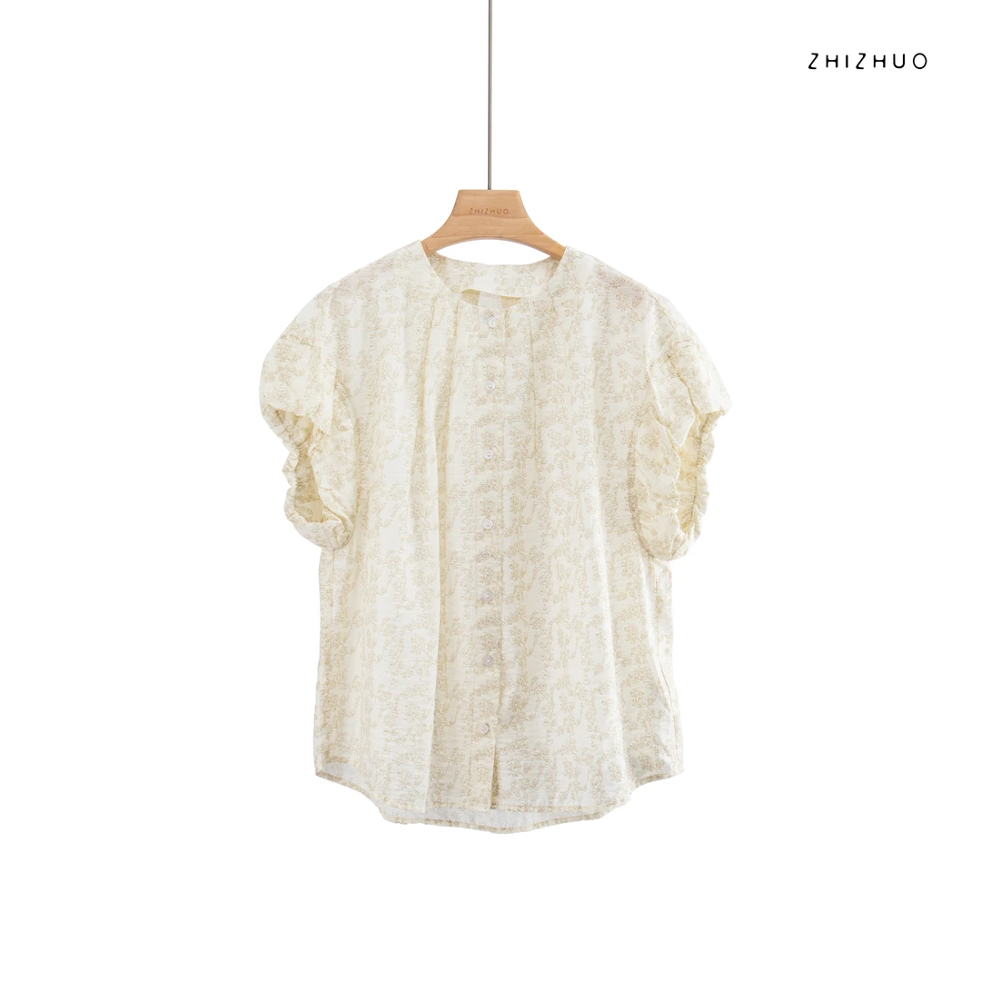 ZHIZHUO/棉花糖 法式精致泡泡袖设计感时尚印花衬衫