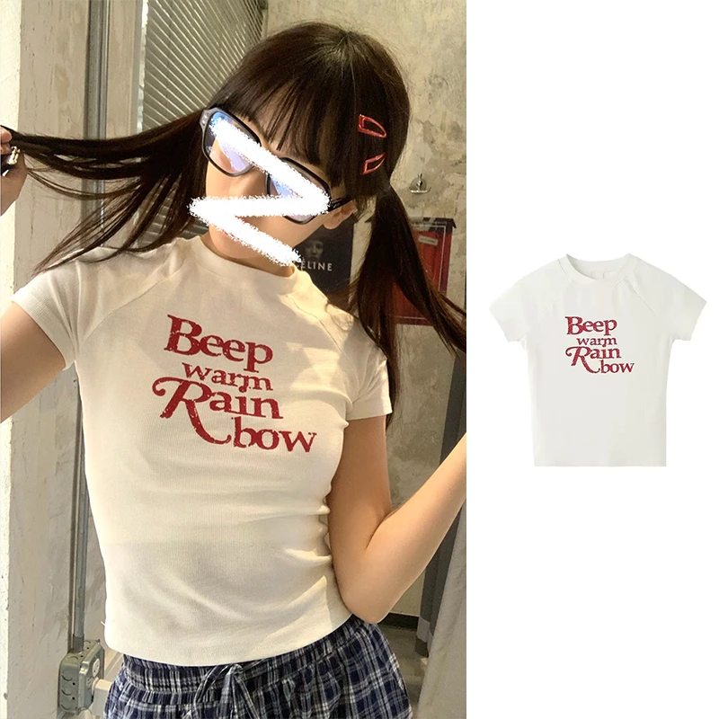 美式复古字母印花白色正肩短袖T恤女夏季小个子修身辣妹短款上衣