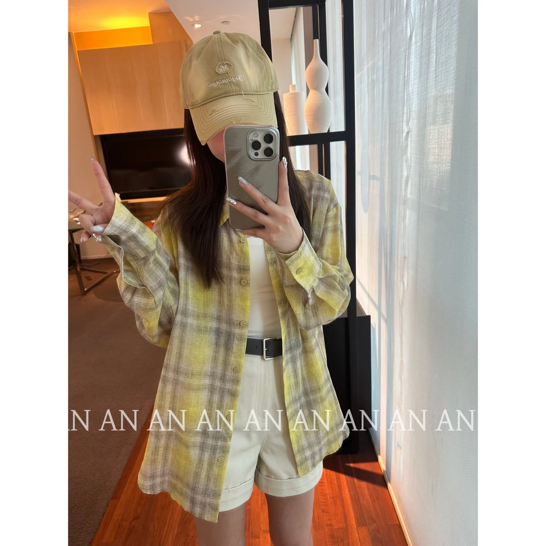 C04016新款复古宽松慵懒POLO领黄色格子防晒衬衫外套
