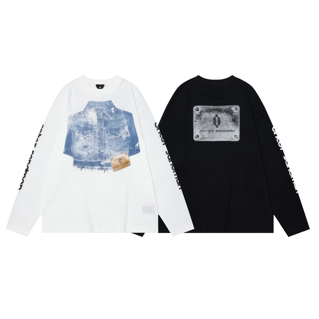 FR【牛仔印花】美潮复古印花华夫格宽松休闲男女上衣长袖卫衣