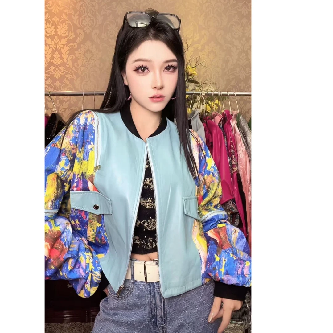 彩色撞色蓝色拉链个性短外套1348