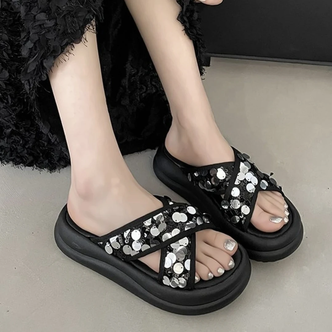 1319厚底一字拖2025春夏季新款亮片网红小个子防滑高级感外穿防滑