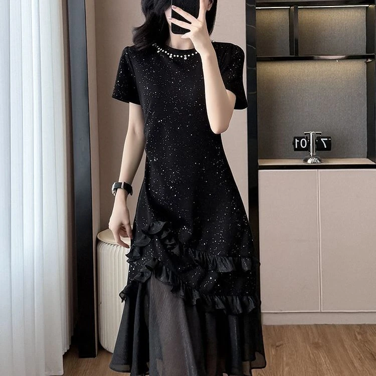 废土风连衣裙夏季新款圆领拼接显瘦高级设计时尚钉珠鱼尾裙子