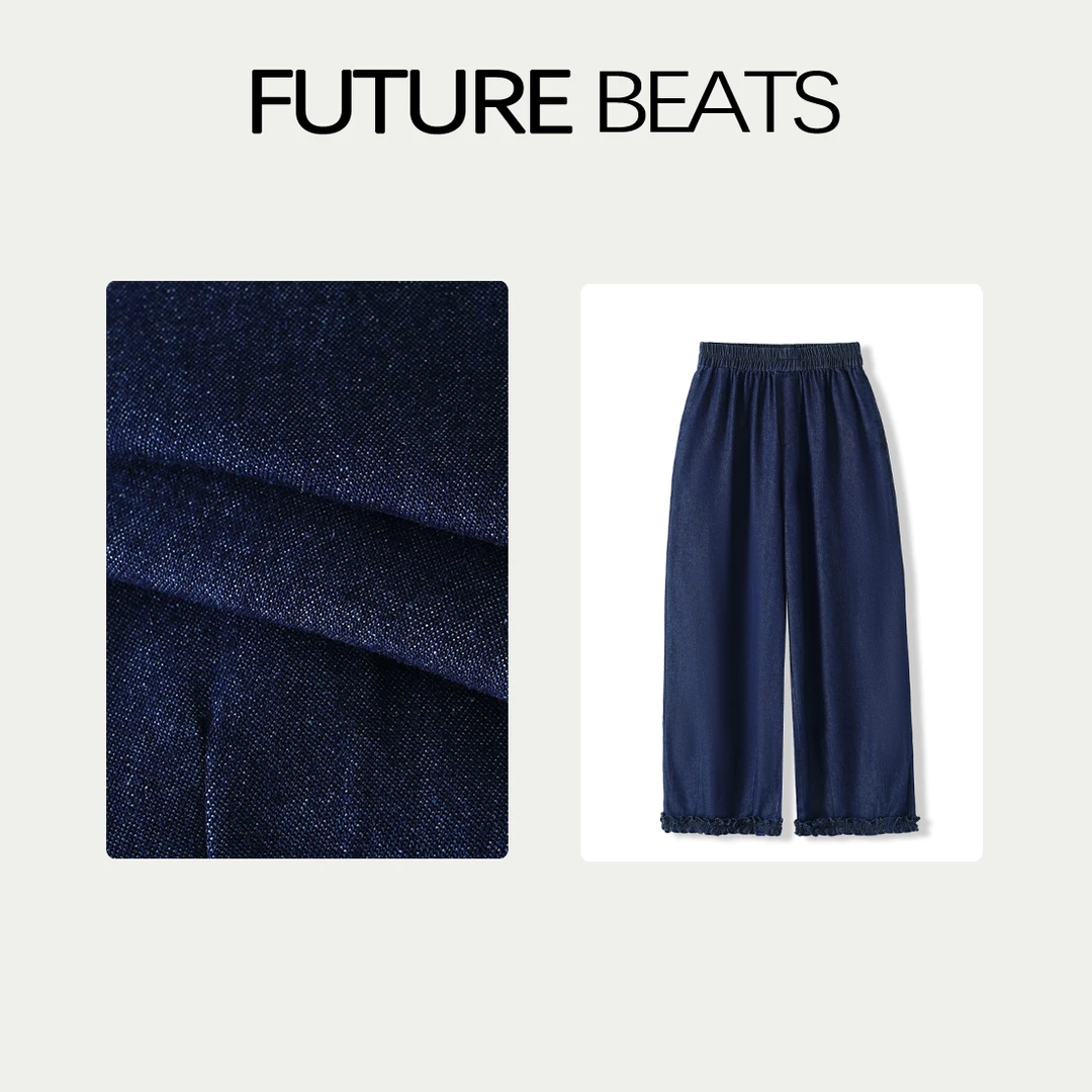 FUTURE BEATS春夏牛仔蓝亚麻棉感裤脚花边直筒裤休闲裤SQS81811