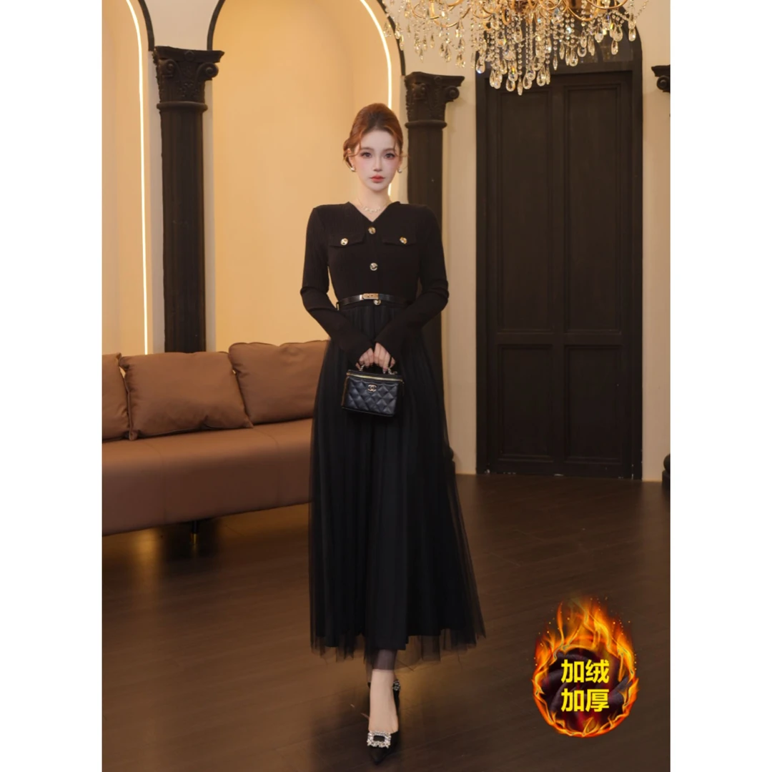 2店-257【温迪专属】秋冬季连衣裙法式时尚加绒加厚连衣裙MYN1871