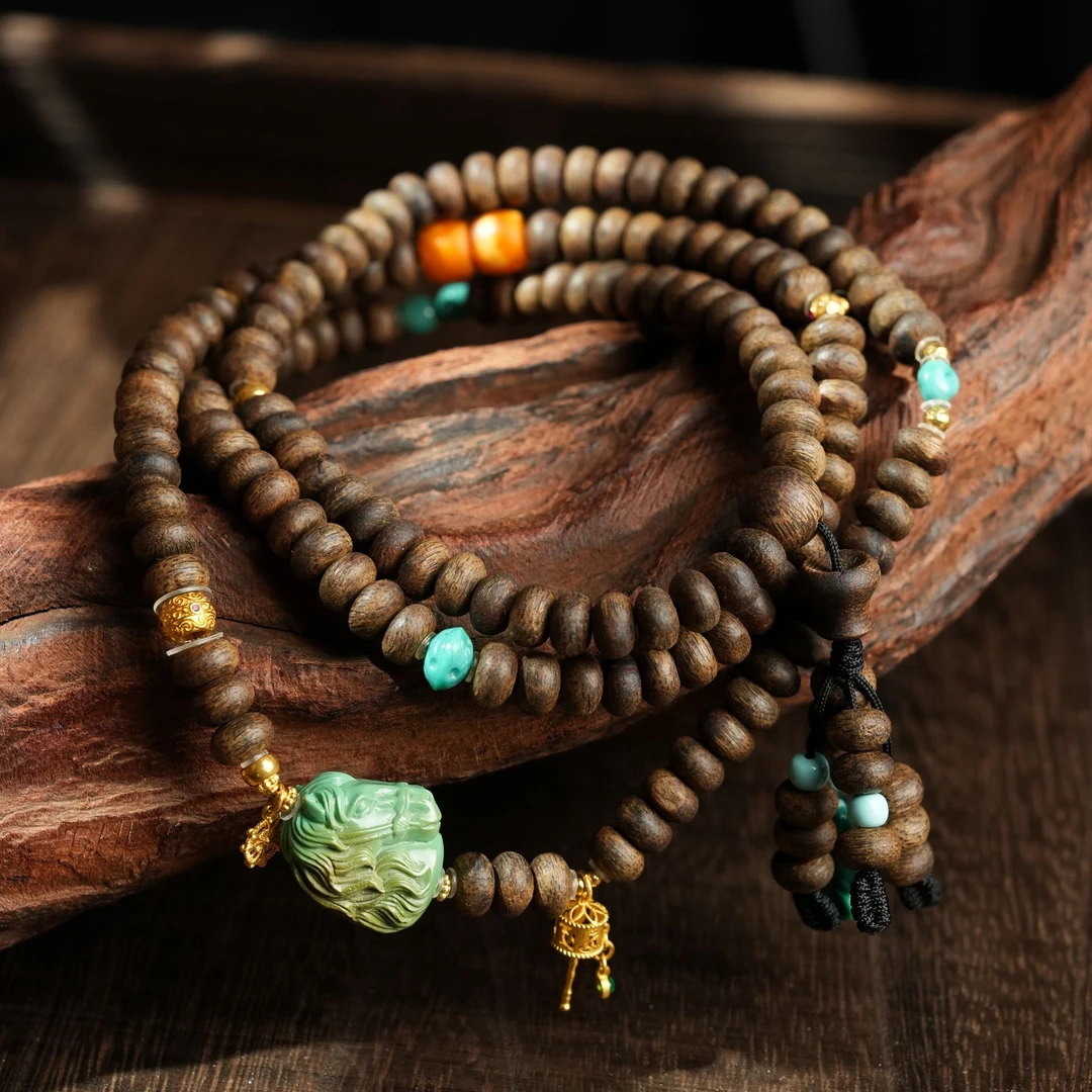 沉香【壹芳珠宝】天然沉香绿奇楠绿松马到成功沉香18k金多圈6mm