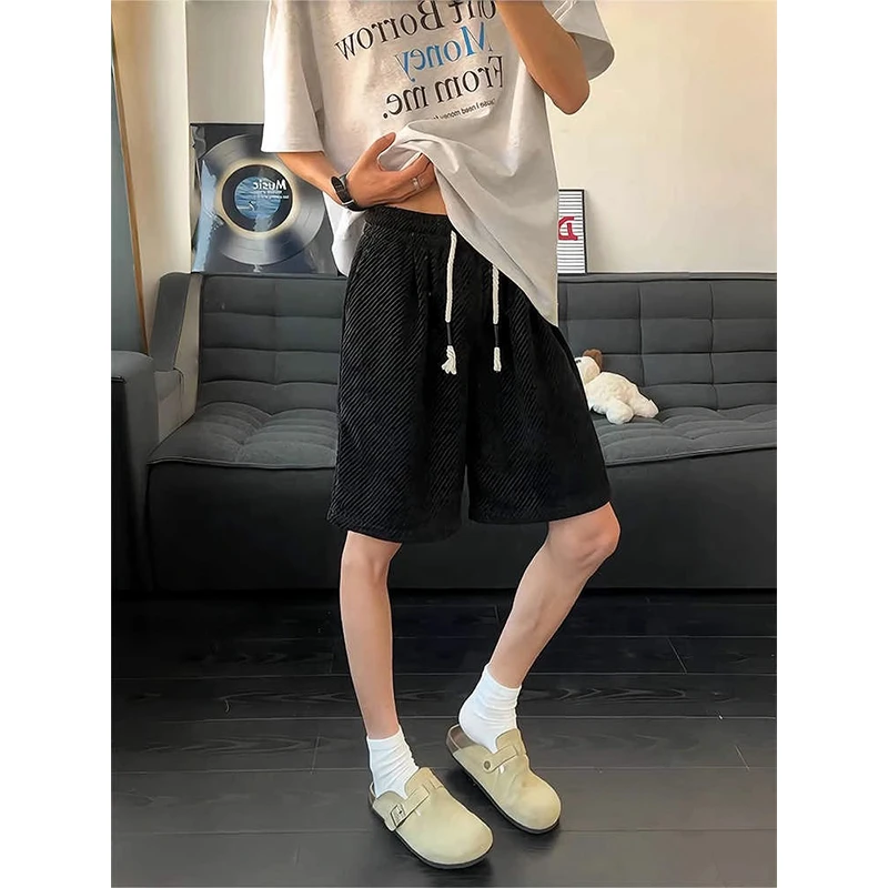 黑色条纹针织短裤男款夏季外穿慵懒风美式运动裤子凉感薄款五分裤