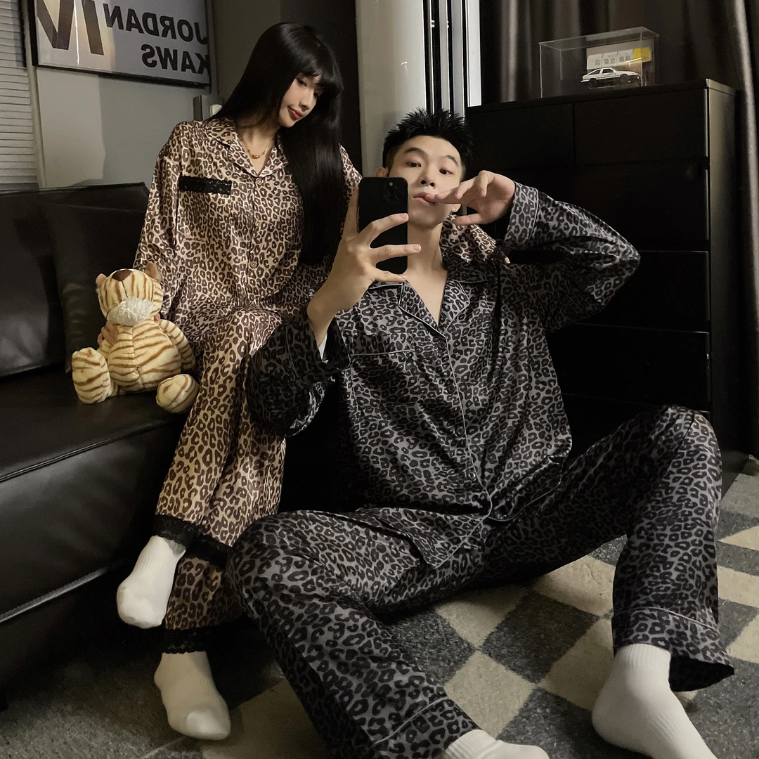 冰雪丝睡衣情侣男女士春秋款冰丝奢华豹纹家居服真丝绸夏天套装