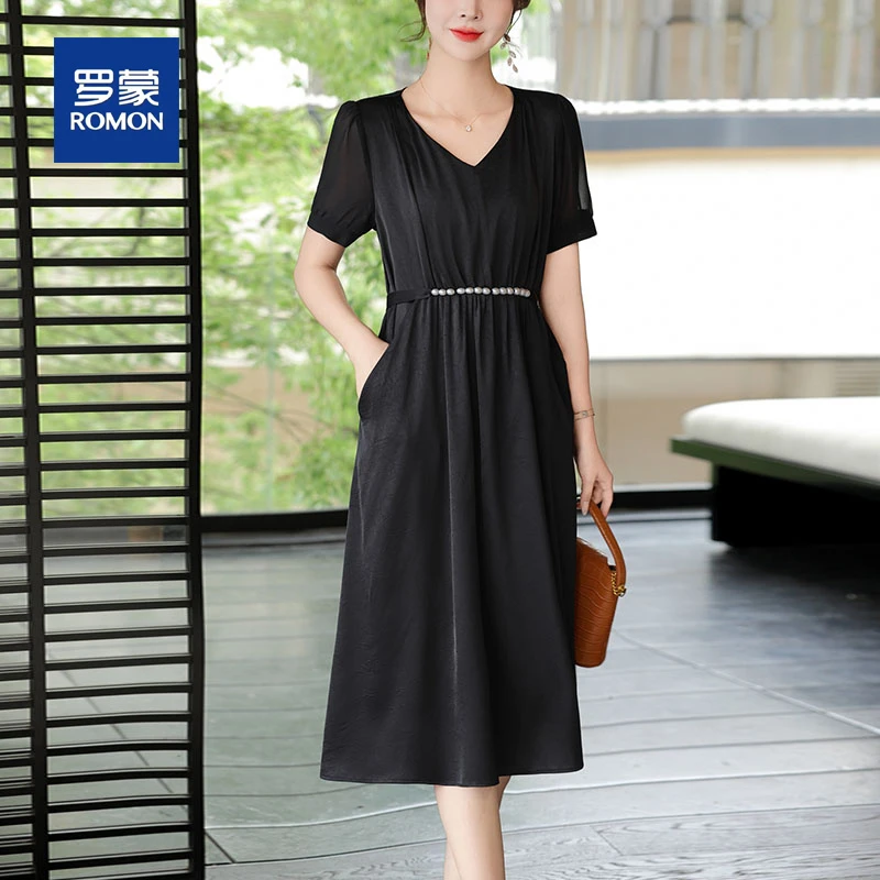 罗蒙中年妈妈夏装高级感气质雪纺裙新款中老年女装洋气减龄连衣裙