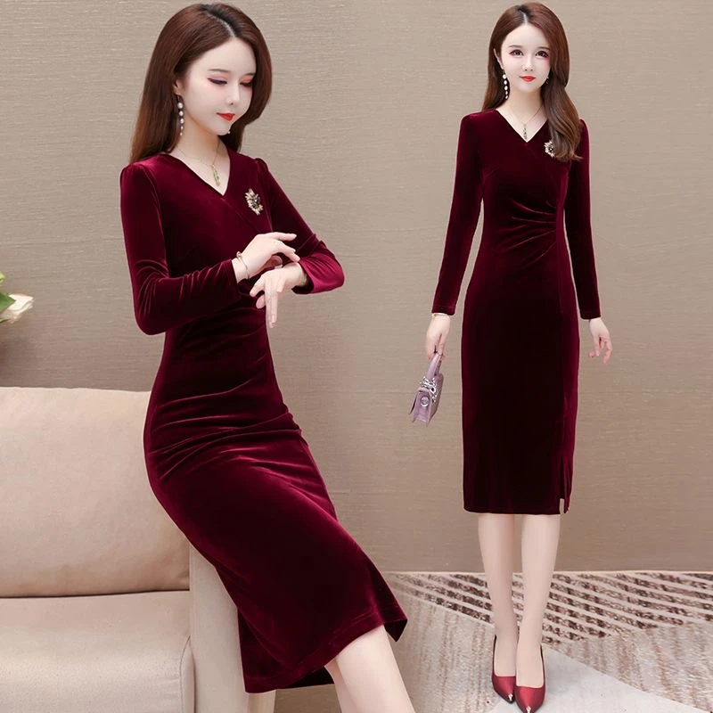 高级感轻奢气质优雅金丝绒礼服裙2025秋季新款洋气修身显瘦连衣裙