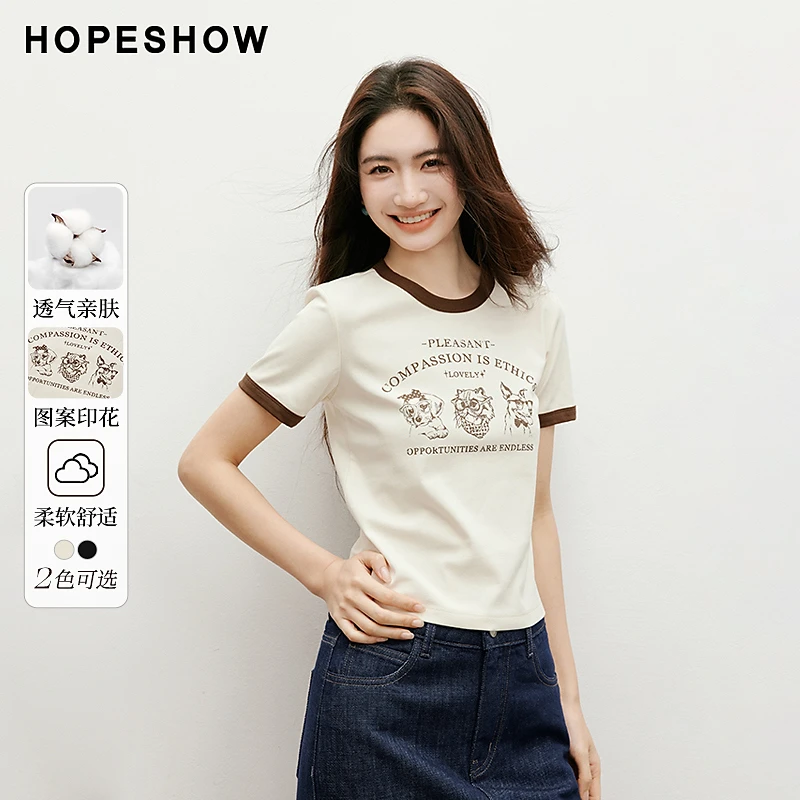 红袖2025春季新款女装美式复古印花撞色边圆领套头T恤90225090201