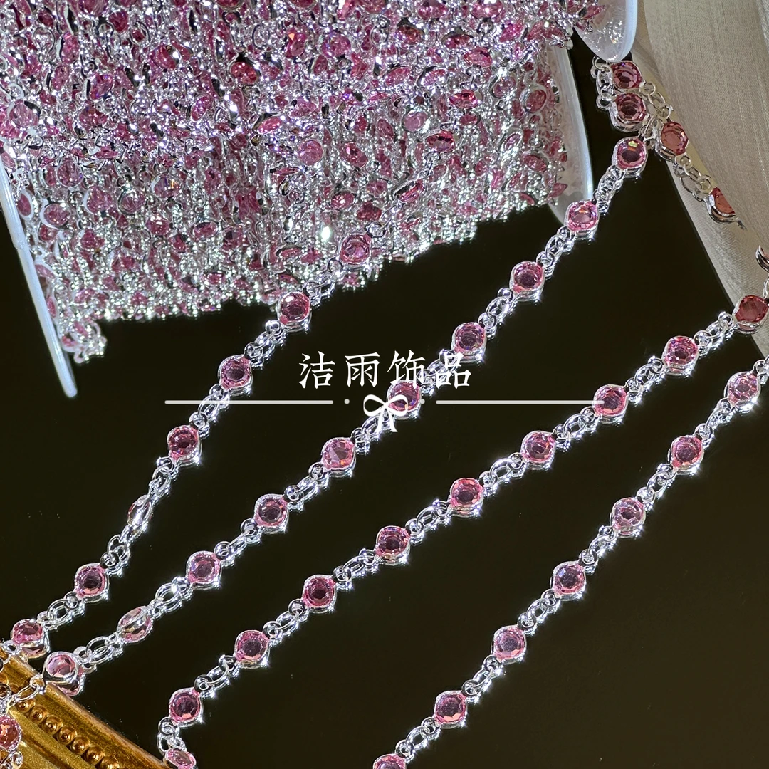 (洁雨饰品DIY) L00424  全铜银粉色4mm双面包边玻璃链条diy