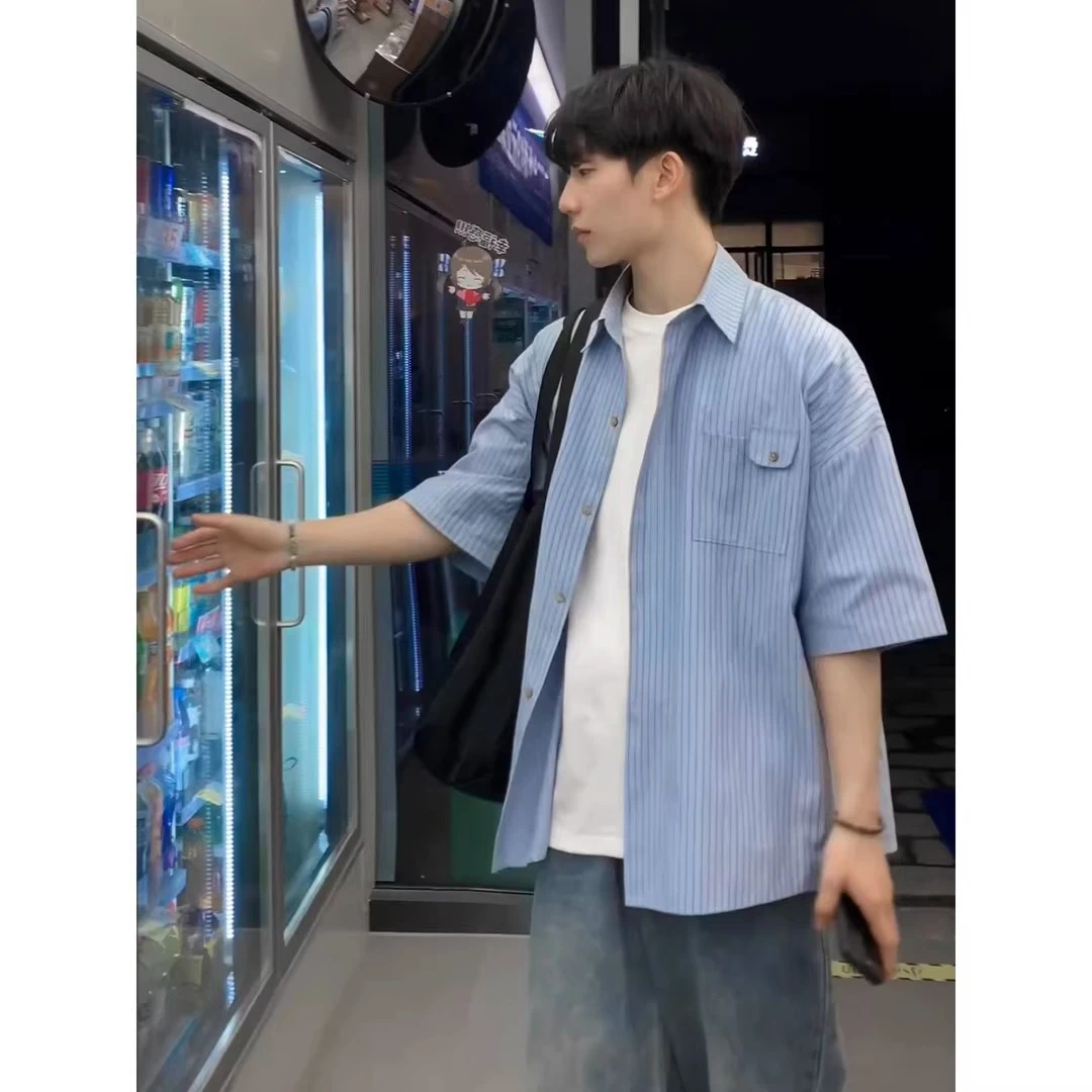 条纹短袖衬衫外套夏季男薄美式复古痞帅潮流小众休闲宽松寸衫外套