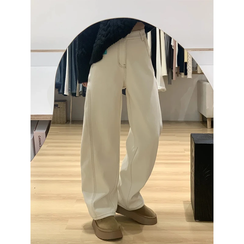 高腰弯刀牛仔裤女杏色2025春款新款显瘦百搭加绒宽松设计感阔腿裤