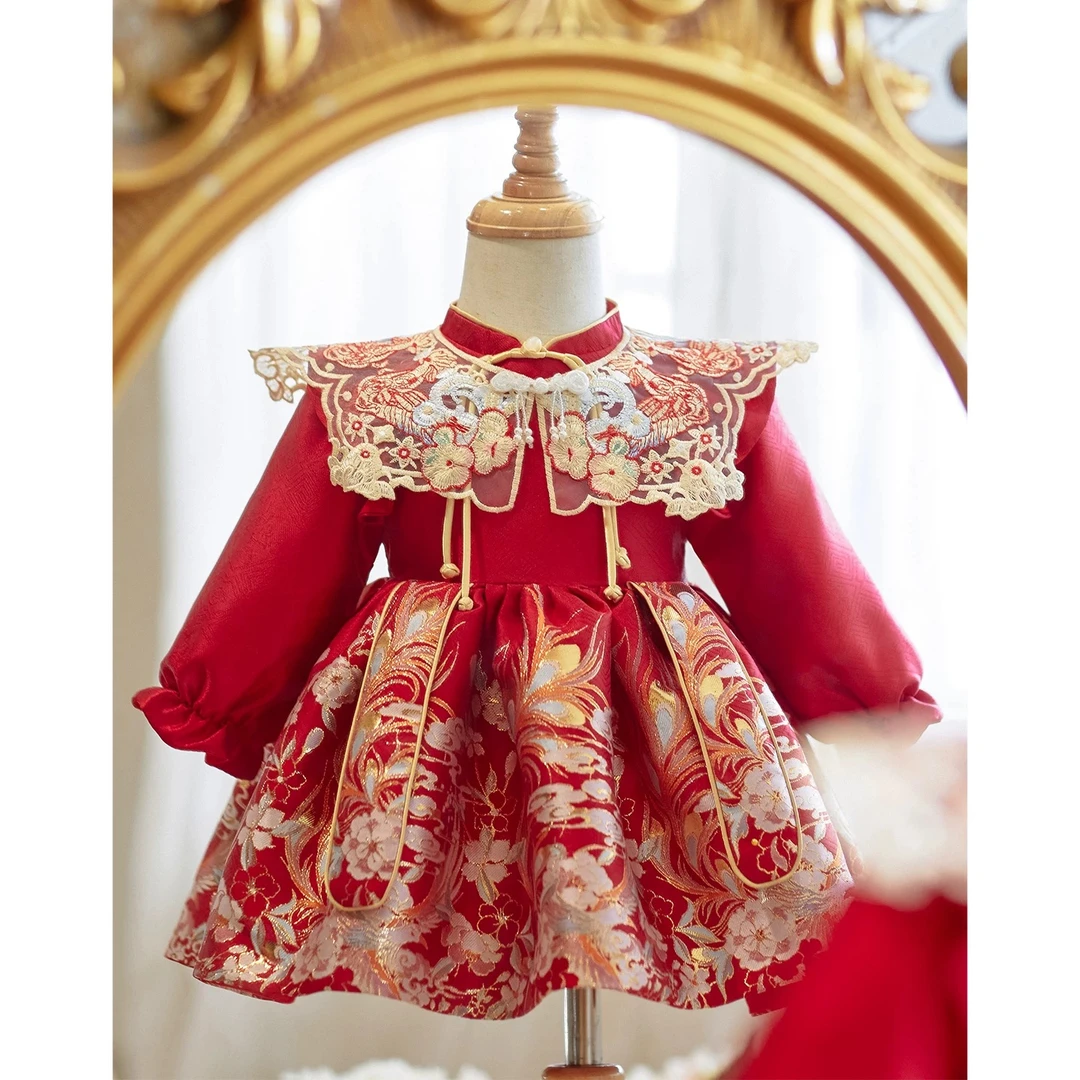 《金凤》礼服抓周礼服冠衣百岁宴中式宴红色周岁宝宝服装周岁礼服