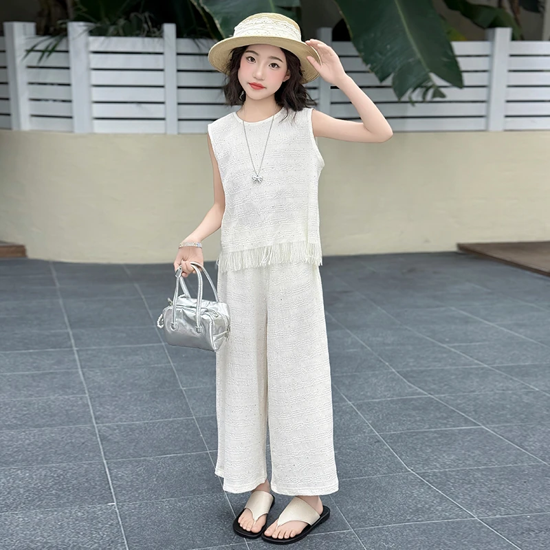 女童夏季套装2025新款韩版百搭时尚休闲中大童女孩流苏背心长裤潮