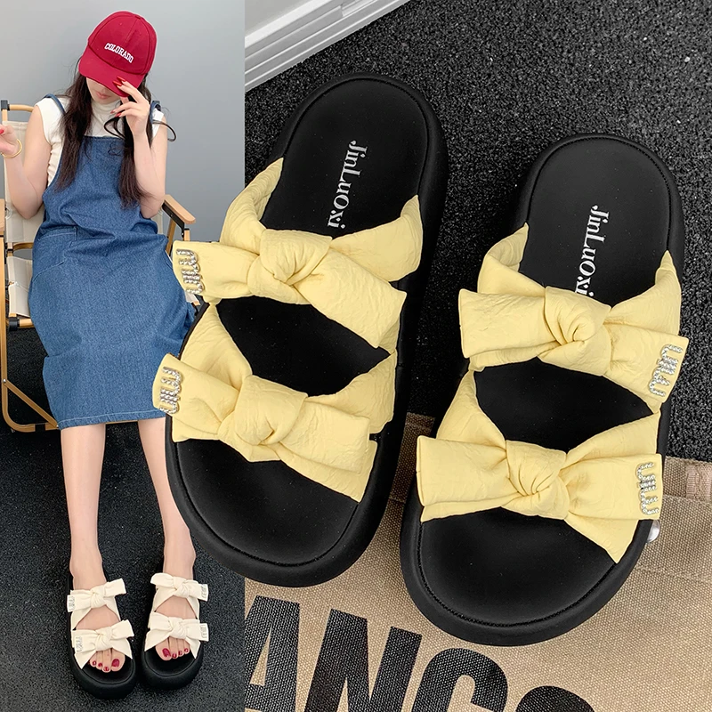 厚底增高拖鞋女2025夏新款踩屎感一字拖双蝴蝶结沙滩配裙子凉拖鞋