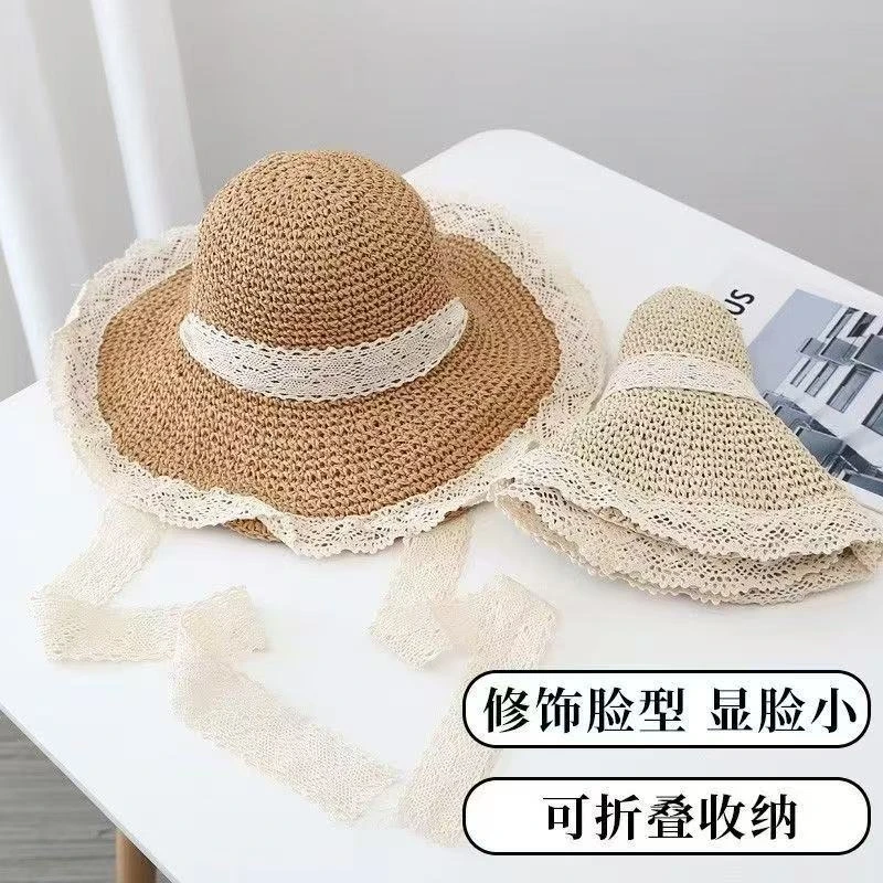 2025夏季新款法式草帽女透气蕾丝花边镂空帽海边显脸小高颧骨帽子