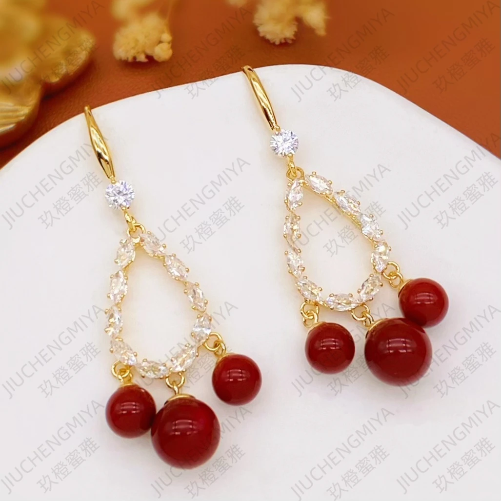 铜合金合成锆石耳饰 松茶可可KL559秋冬氛围安可拉珠珠流苏耳环