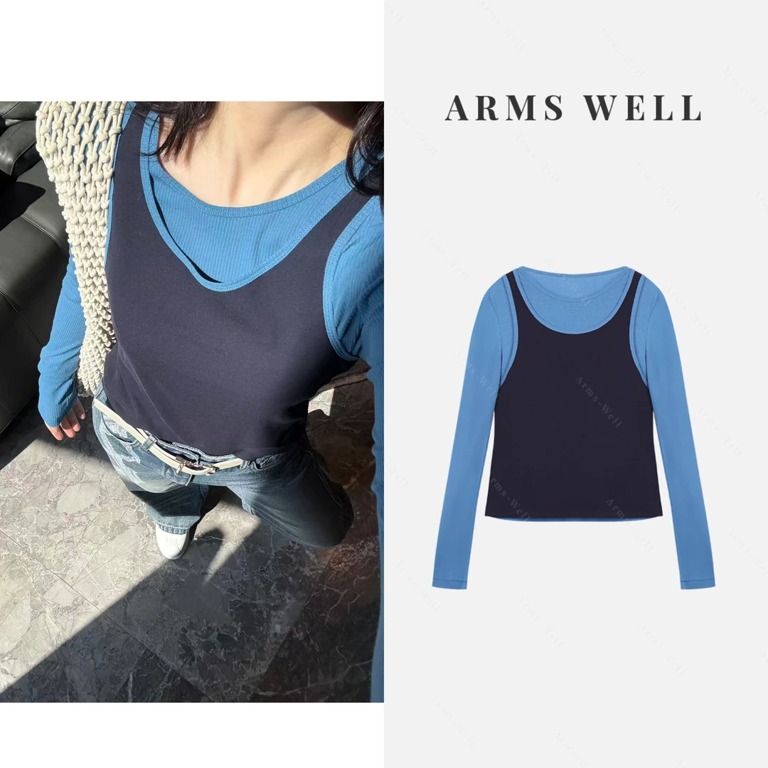 ARMS WELL王囡囡 孔雀蓝长袖背心真两件圆领T恤 L146