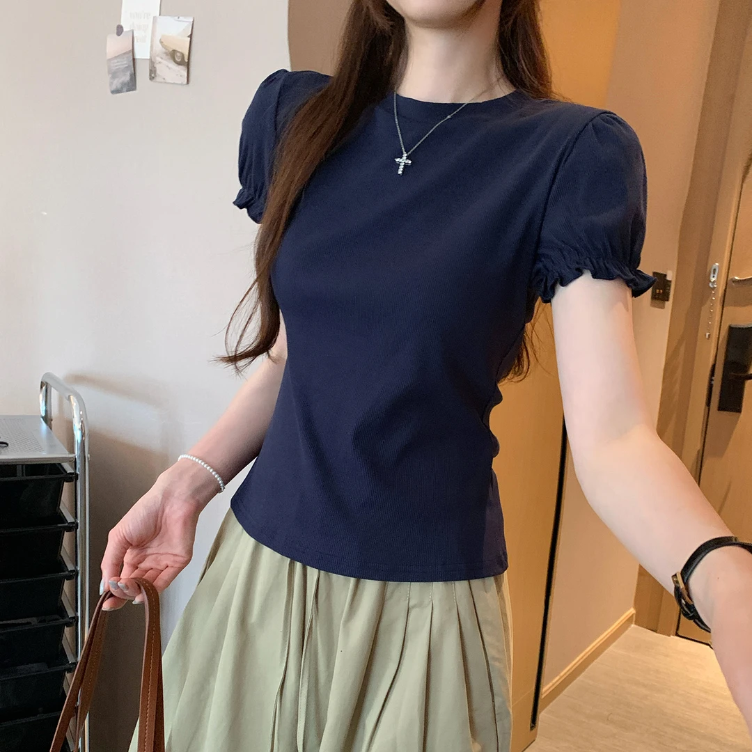 实拍复古藏青色独特泡泡袖正肩短袖T恤女2025新款精致设计感上衣