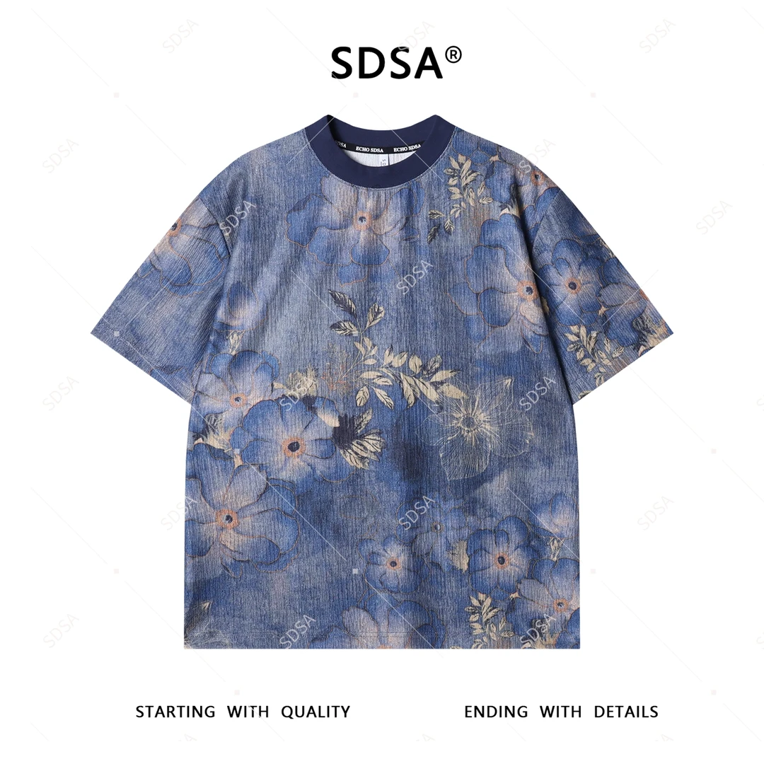 夏季高级感新款男士潮牌简约渐变花卉短袖T恤宽松复古圆领上衣潮