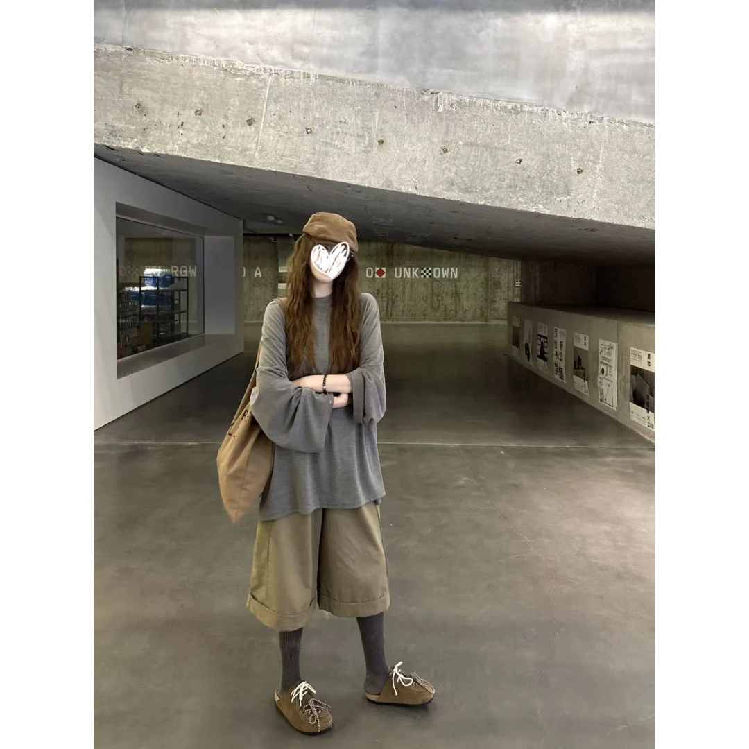 慵懒风简约宽松透气灰色大版长袖T恤女+韩系7分阔腿裤22258#