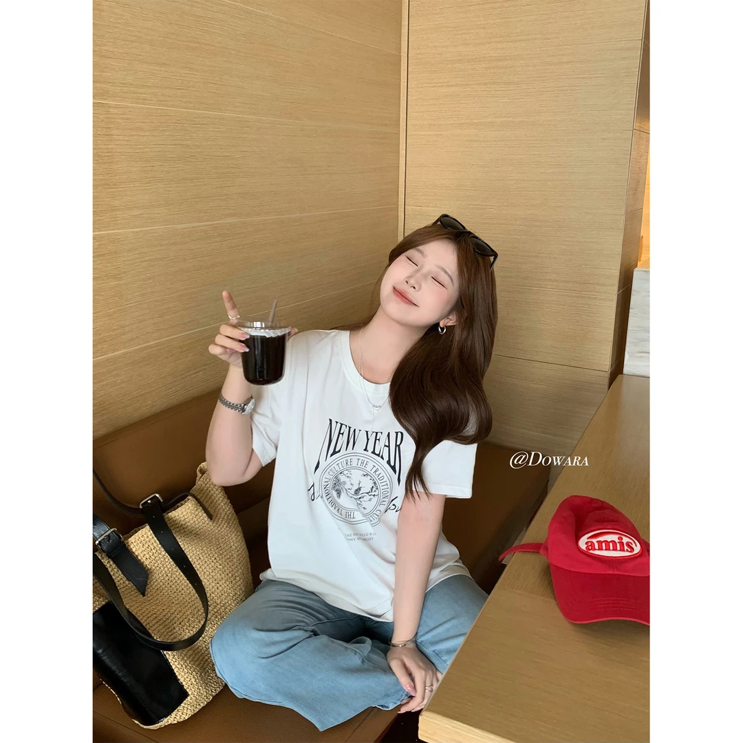 现货大婉酱微胖定制纯棉T恤夏季休闲印花短袖松弛感百搭上衣9203D
