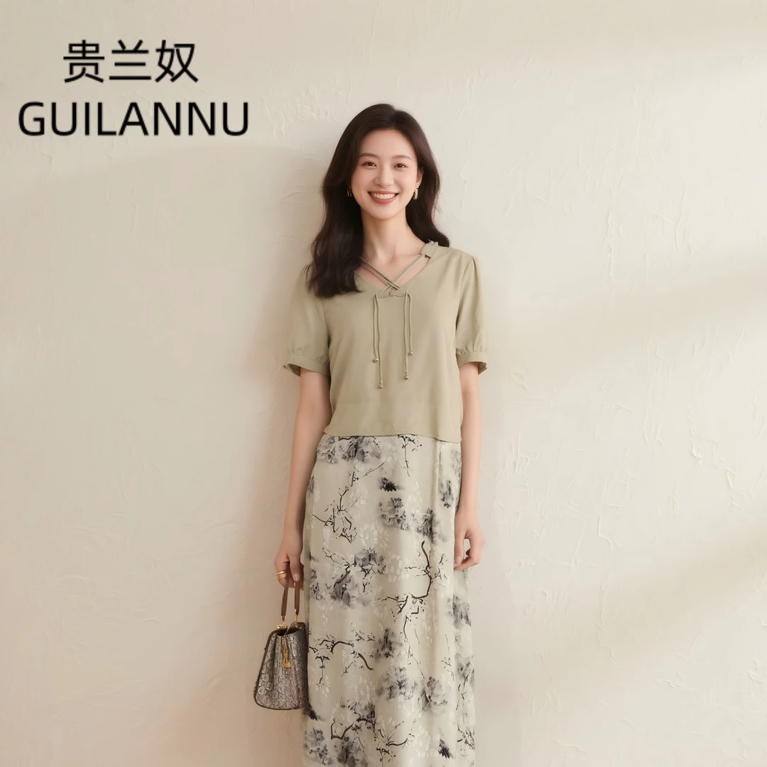 W910印花短袖连衣裙夏季女装优雅休闲风