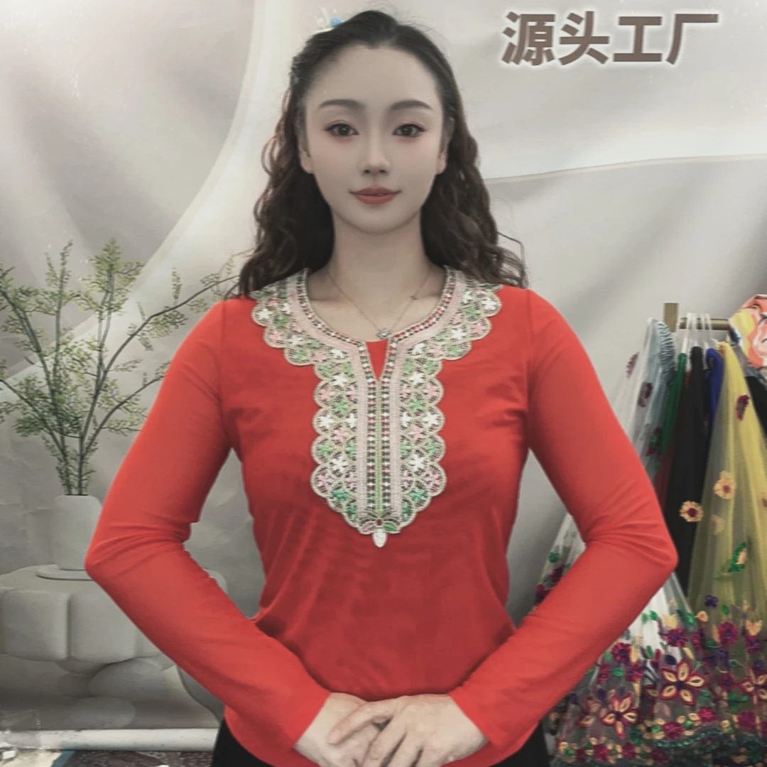 新款圆领蕾丝花边款弹力网纱上衣