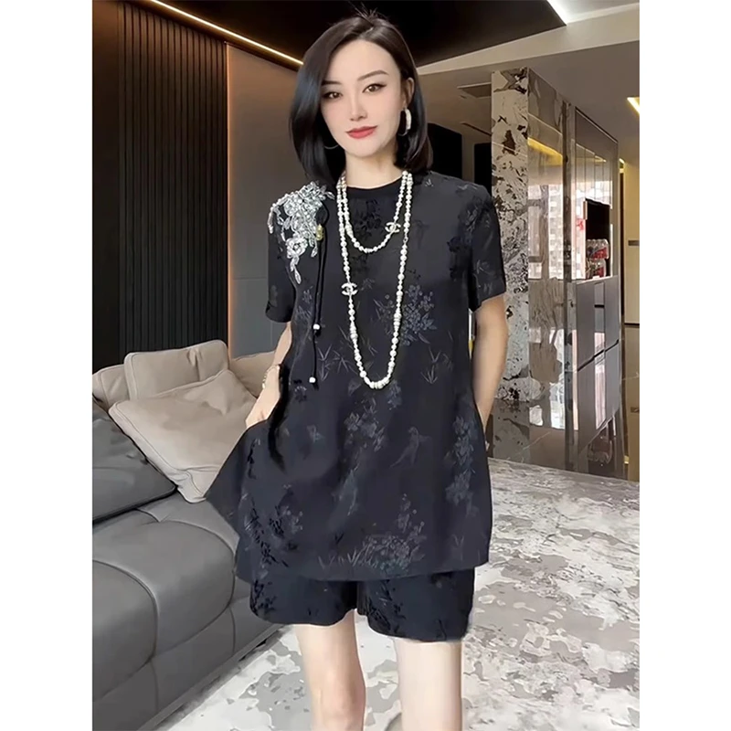 欧洲站2025夏季时尚新款中长款印花蕾丝上衣T恤女复古百搭短裤潮