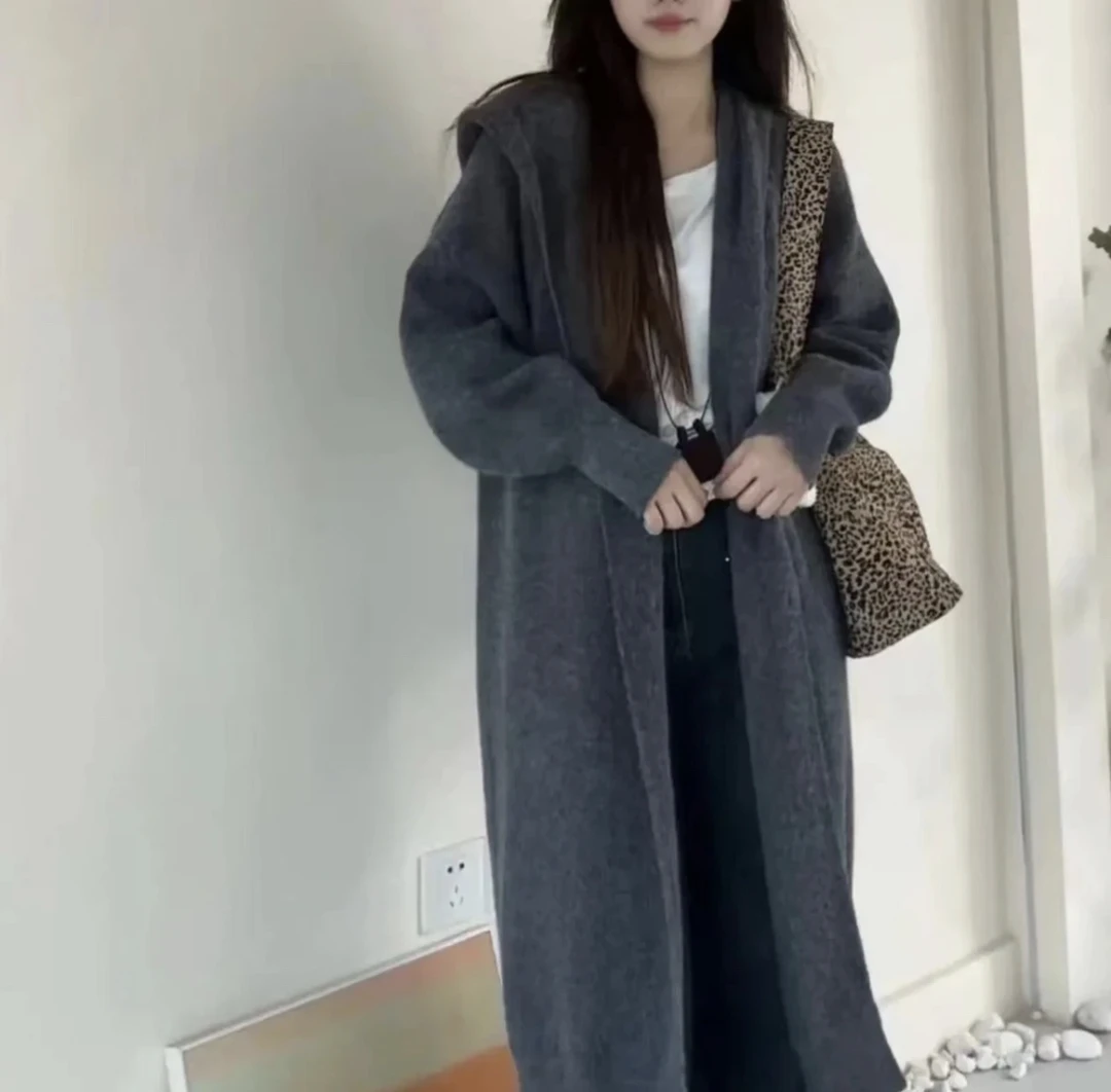 秋冬百搭宽松长款针织连帽大衣纯色简约开衫女气质XL