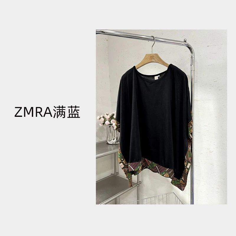 ML6788夏季新款宽松圆领蝙蝠袖拼接花边圆领T恤