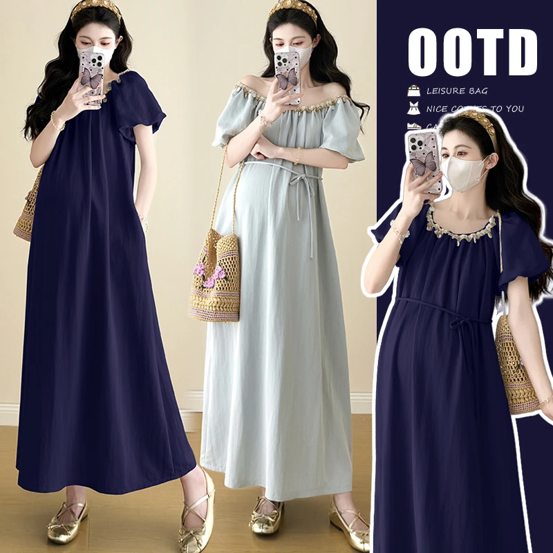 【玫瑰优选】2025新款夏季两穿领重工贝壳装饰孕妇连衣裙复古气质女