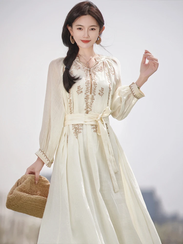 【赵大喜】现货！安妮连衣裙 | 天.丝苎麻 复古撞色绣花有腰带