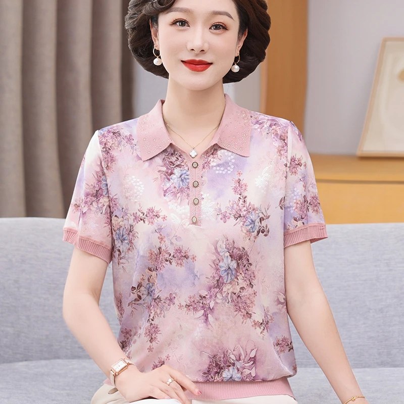2025新款妈妈夏装翻领冰丝短袖上衣中老年女洋气薄款宽松T恤小衫