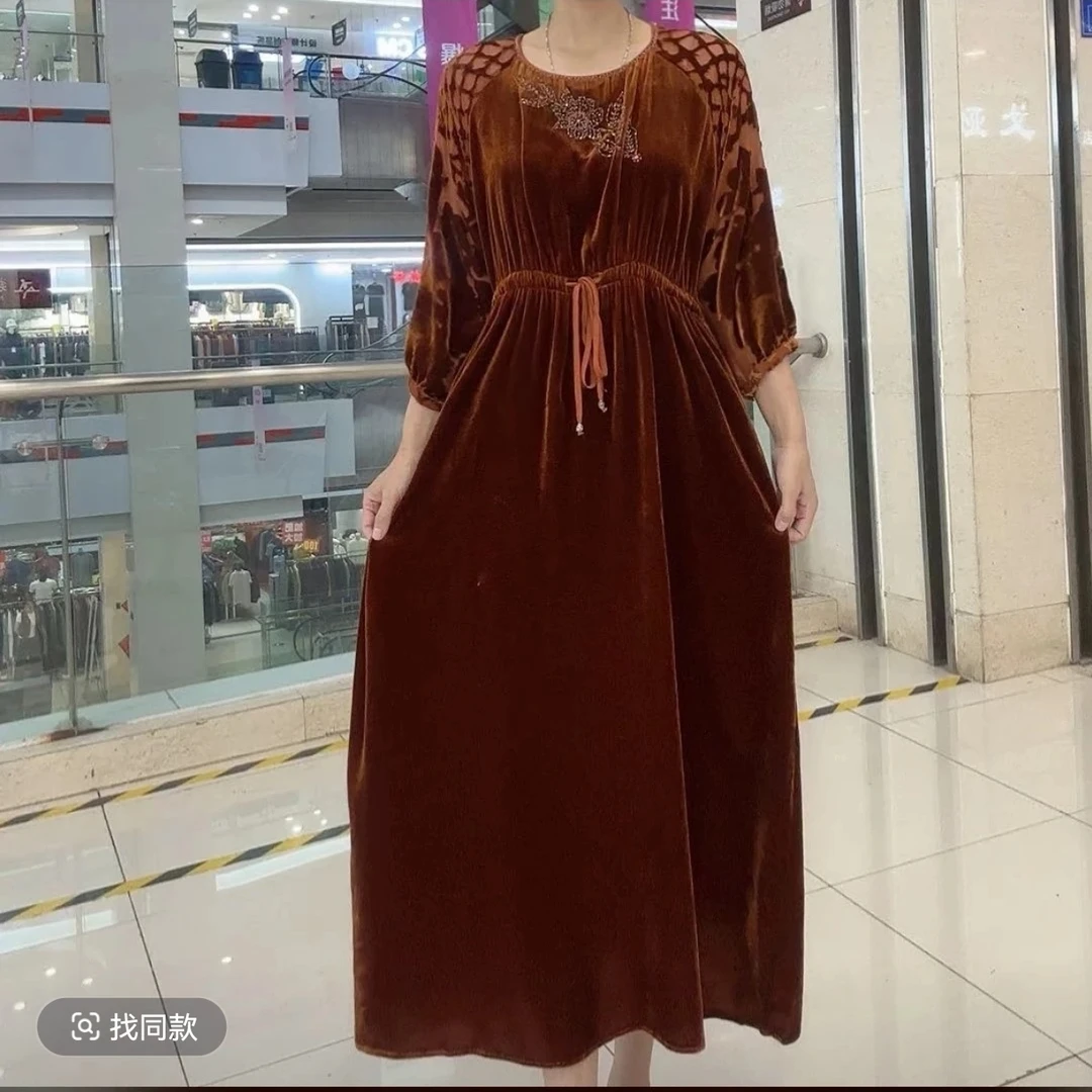 夏季长袖重工A字汉服长裙时尚气质绣花设计复古收腰显瘦中长款