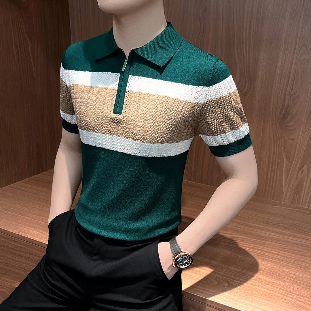 半拉链撞色POLO衫男款爆款2025新款秋季条纹痞帅针织男士T恤短袖