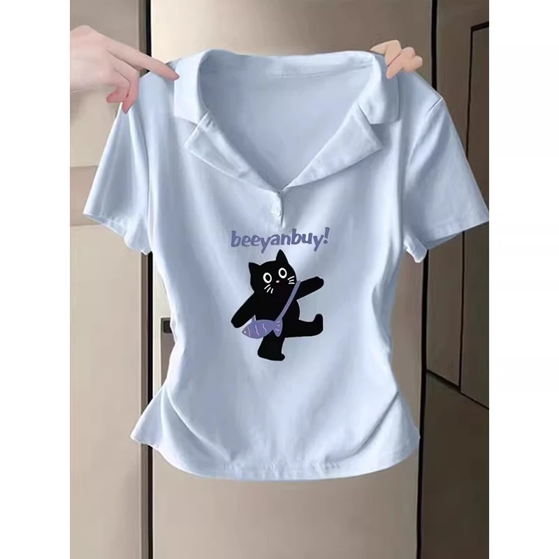 蓝色V领纯棉短袖T恤女2025初夏穿搭褶皱收腰甜辣妹短款POLO领上衣