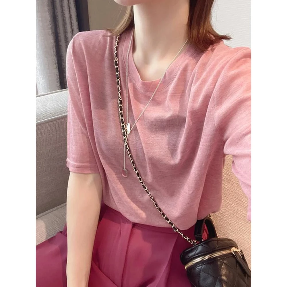 欧洲站面膜短袖t恤女夏薄款微透打底衫宽松显瘦圆领半袖体恤上衣