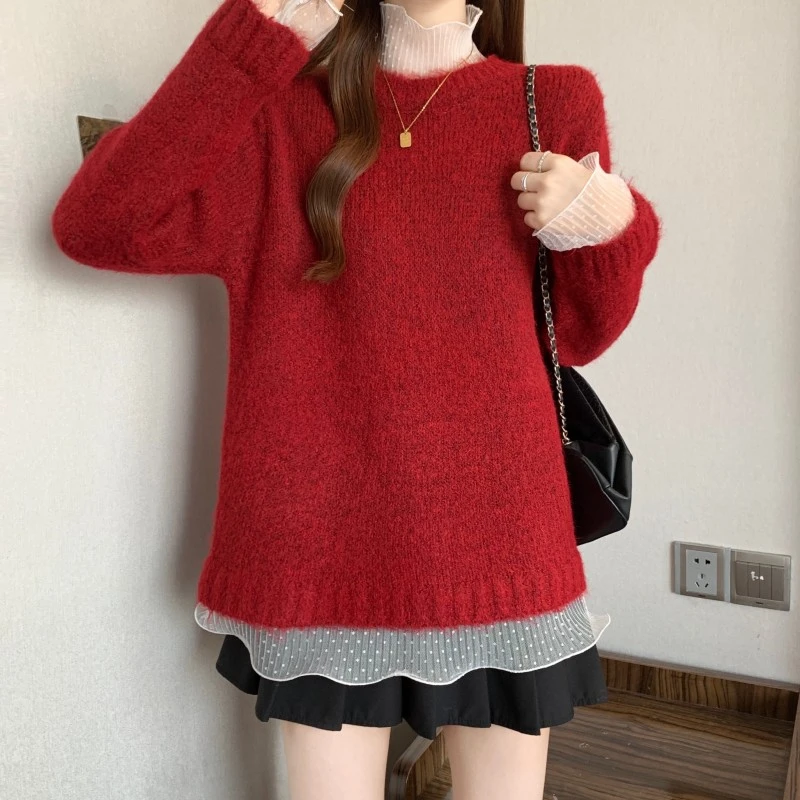 过年红长袖套头毛衣冬新款大码胖MM秋蕾丝假两件圆领宽松遮肚上衣