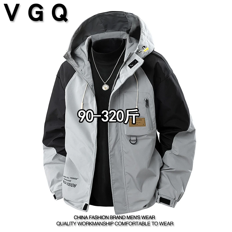 VGQ男士连帽夹克秋季新款加肥加大码胖子百搭拼色工装风外套上衣