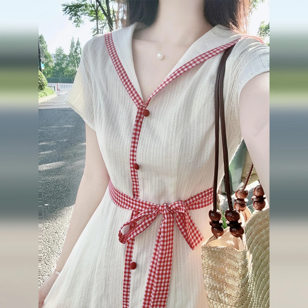 3790法式白色海军领连衣裙子女夏季新款爆款气质绝美独特漂亮长裙