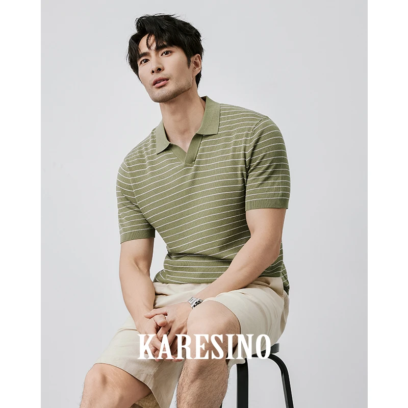KARESINO夏季冰丝莱赛尔 高端16针织工艺Polo衫男条纹翻领短袖T恤