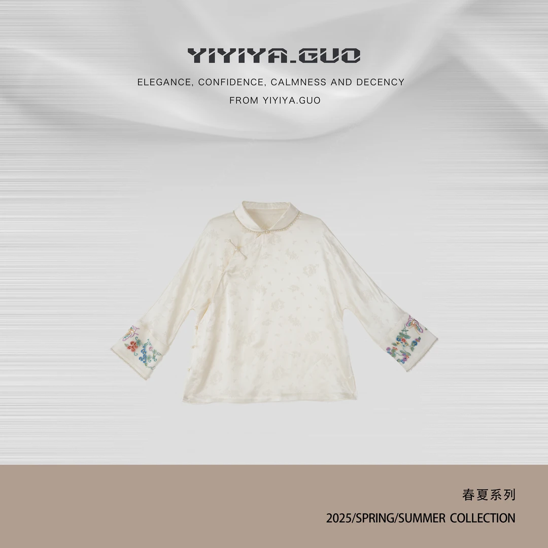yiyiya.Guo艺艺吖新中式中国风刺绣斜襟翻领珍珠上衣0874SS52